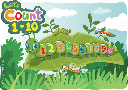 A cheerful caterpillar with segments numbered 1 to 10 sits on a big green leaf, surrounded by two dragonflies and baby caterpillar, making counting fun and colorful for kids!