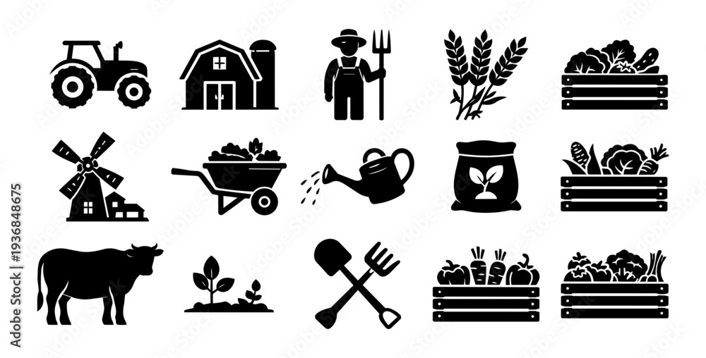 Obraz premium Agriculture Farming Icons Set – Tractor, Farmer, Wheat, Barn and Farm Equipment Black Silhouette Vector Collection