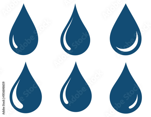 Set of water drops, vector icons featuring droplets, splashes, and liquid shapes, ideal for environmental