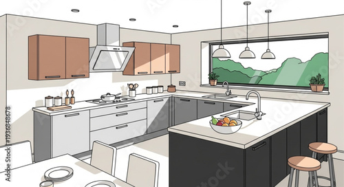 Modern Kitchen Interior with Appliances and Countertops.