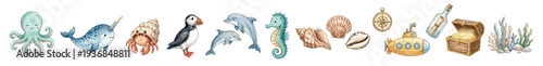 Cute watercolor ocean clipart set: octopus, narwhal, dolphin, treasure chest Collection of Vector illustrations. Perfect for invitation, card, poster, banner, decoration