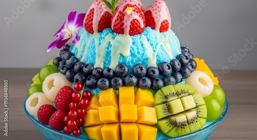 Colorful Festive Birthday Cake with Blue Frosting and Fun Decorations