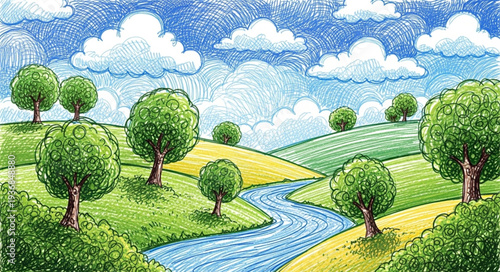 Serene Landscape with Rolling Hills and Flowing River.