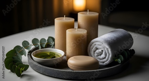 Relaxing Spa Wellness Setup with Candles Stones and Natural Accessories