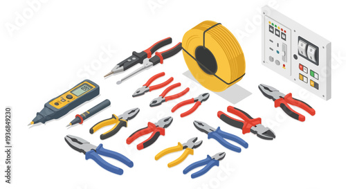 Overhead view of assorted hand tools and electrical components arranged on a white background with a yellow electrical tape.