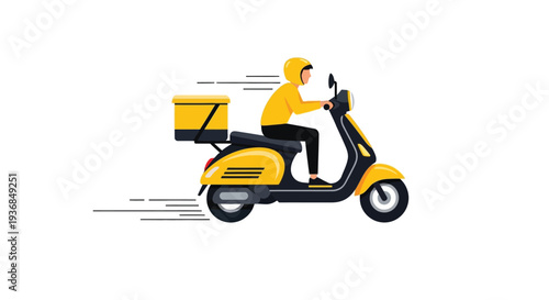 A dynamic illustration showing a person in a yellow uniform riding a matching yellow and black scooter with a delivery box attached to the back, speeding to transport goods.