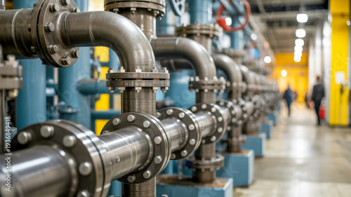 Industrial Pipe System with Flanges and Valves in Factory Setting