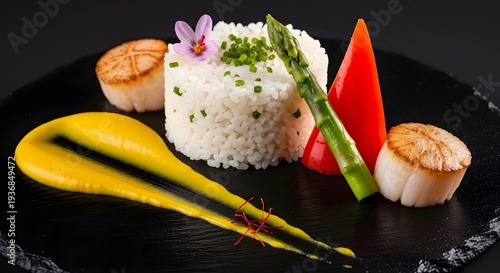 Traditional Asian Food Plate with Rice and Colorful Vegetable Garnish