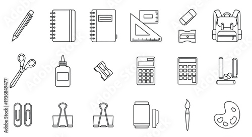 A comprehensive collection of various outline icons representing essential school and office stationery supplies, neatly arranged in a grid on a clean white background.