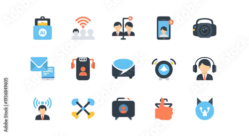Collection of modern flat design communication and technology icons.