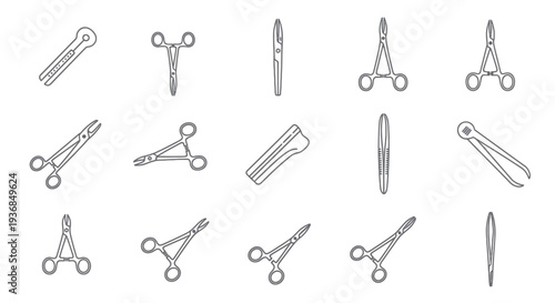 Collection of Surgical Instruments: Forceps Clamps and Tweezers in Line Art Style.
