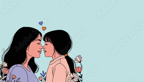 Mother and daughter face to face with flowers, Mother’s Day illustration with copy space