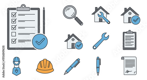 Construction and Inspection Icons: Clipboard Magnifying Glass Wrench House Hardhat Pen and Contract.