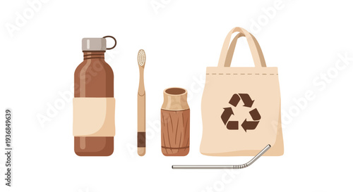 Illustration of eco-friendly items including a reusable water bottle, toothbrush, cup, straw, and recyclable bag on a white background.