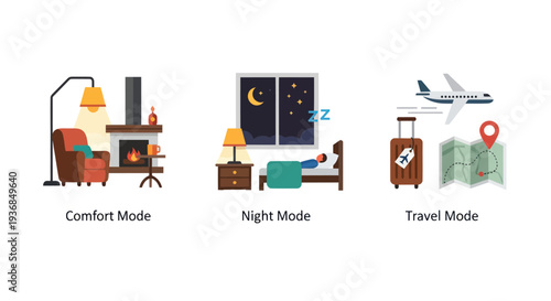 A set of lifestyle illustrations depicting Comfort Night and Travel modes for user interface design.