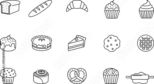 A delightful assortment of outline icons representing popular bakery products and baking tools, including loaves of bread, pastries, cakes, and a rolling pin, displayed on a clean white background.