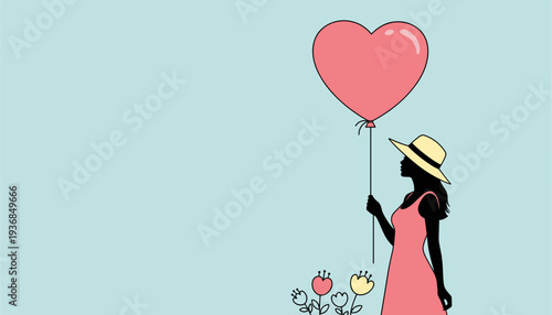Woman silhouette holding heart balloon, minimal Mother’s Day banner with copy space