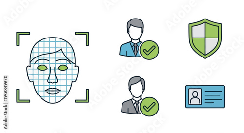 Face recognition and security icons with user profile and shield.
