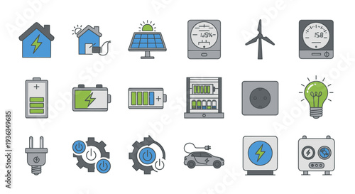 Collection of Eco-Friendly Energy and Sustainable Living Icons in Cartoon Style.