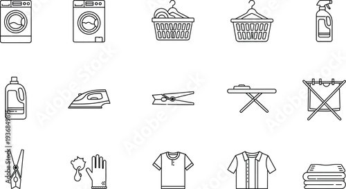 An organized grid of outline icons representing various laundry and clothes care items, including washing machines, laundry baskets, detergent, irons, and folded clothes, on a clean white background.