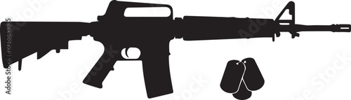 Assault rifle vector silhouette illustration with army dog tags for military remembrance