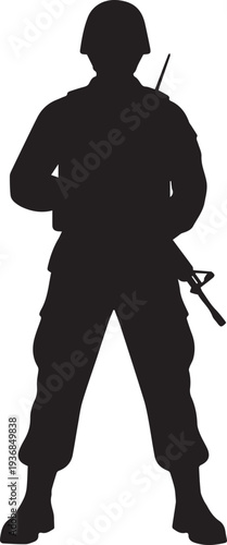 Armed soldier vector illustration standing with rifle and helmet silhouette line art style