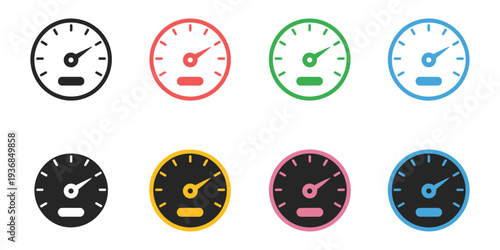 Set speedometer icon isolated on black and white background, representing vehicle speed, performance measurement, dashboard indicators