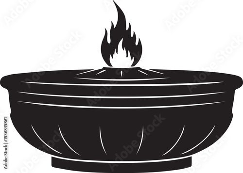 Eternal flame vector illustration in bronze bowl ceremonial fire silhouette line art design