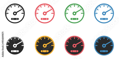 Set speedometer icon collection isolated on black and white backgrounds, ideal for automotive, speed tracking, performance metrics
