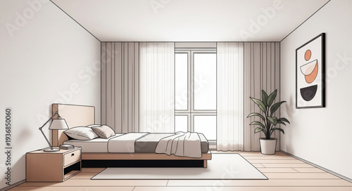 Modern Minimalist Bedroom with Natural Light and Decor.