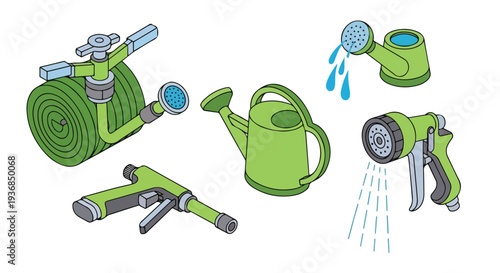 Collection of green gardening tools and water sprayers on a white background with a clean and organized composition.