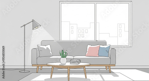 Modern Living Room Sofa with Cushions and Coffee Table.