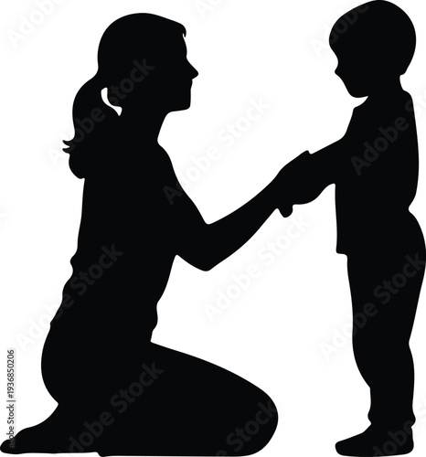 Vector loving mother kneeling holding hand with child silhouette design