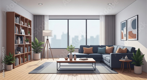 Modern Living Room Interior with Comfortable Sofa and Large Window.