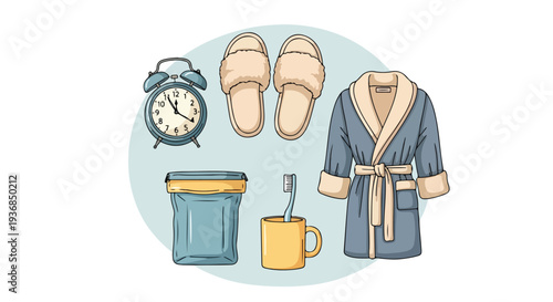 Flat lay illustration of a blue bathrobe, slippers, alarm clock, coffee mug, and toothbrush holder on a light blue background.