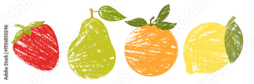 Fruits collection in crayon style including strawberry, pear, orange and lemon with leaves. Fresh organic fruits isolated on white background.