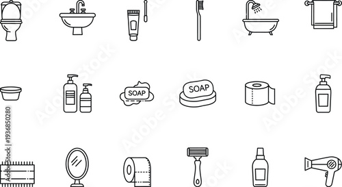 A complete collection of outline icons illustrating essential bathroom fixtures and personal hygiene products, such as toilets, sinks, showers, soaps, and towels, on a white background.