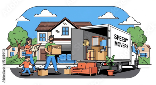Moving Company Truck with Workers Loading Furniture.