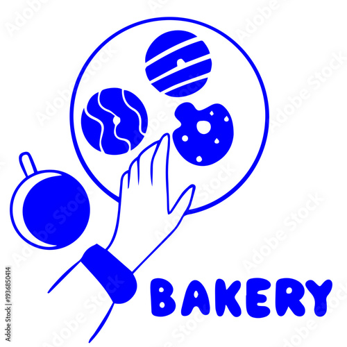 Bakery doodle illustration with donuts on plate and hand choosing donut, blue hand drawn doodle style bakery concept
