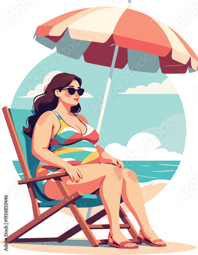donna seduta su sedia al mare in spiaggia con ombrellone che prende il sole in costume da bagno vettoriale
