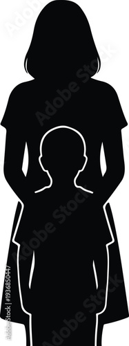 Vector mother and child standing together in a simple black silhouette design