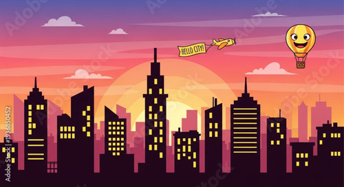 Pixelated City Skyline with Sunset and Hot Air Balloon.