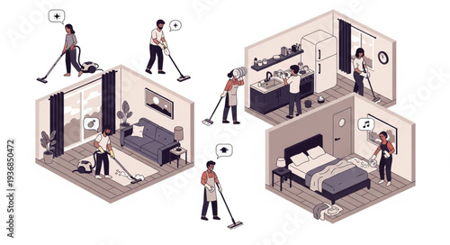 Isometric Illustration of Modern Living Spaces with People.