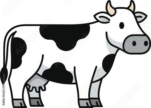 Cow with distinctive black and white spots and small horns stands peacefully, representing farm animals and dairy production.