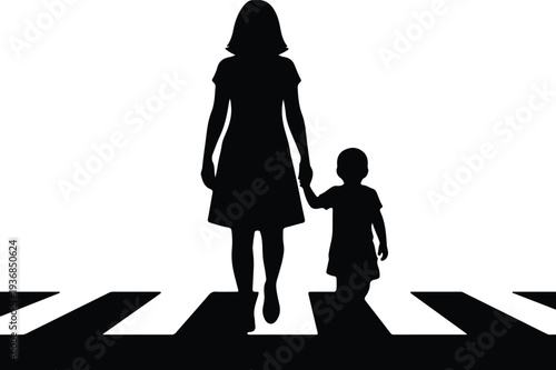 Vector mother and small child walking on a zebra crosswalk silhouette design