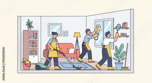 Family Moving Furniture and Packing Items in Living Room.