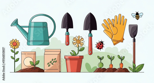 Collection of Gardening Tools and Supplies for Planting.