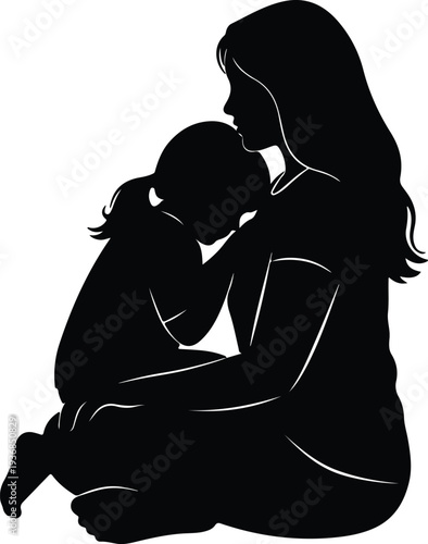 Vector mother comforting her small daughter in a loving silhouette design