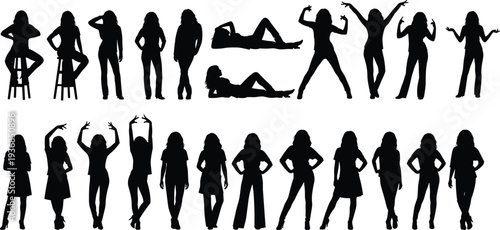 Women silhouettes collection in different poses including standing, sitting and dancing, female fashion model figures set isolated illustration