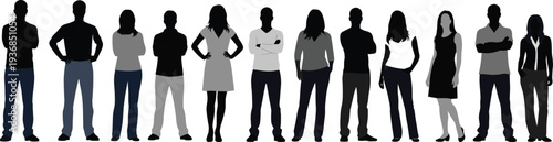 Group of people silhouettes standing together in casual clothing, diverse men and women team concept isolated illustration on white background